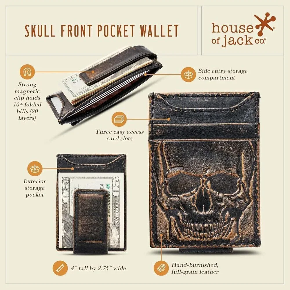 🆕Men Brown SKULL Front Pocket Wallet Money Clip Strong Magnetic Slim Wallet